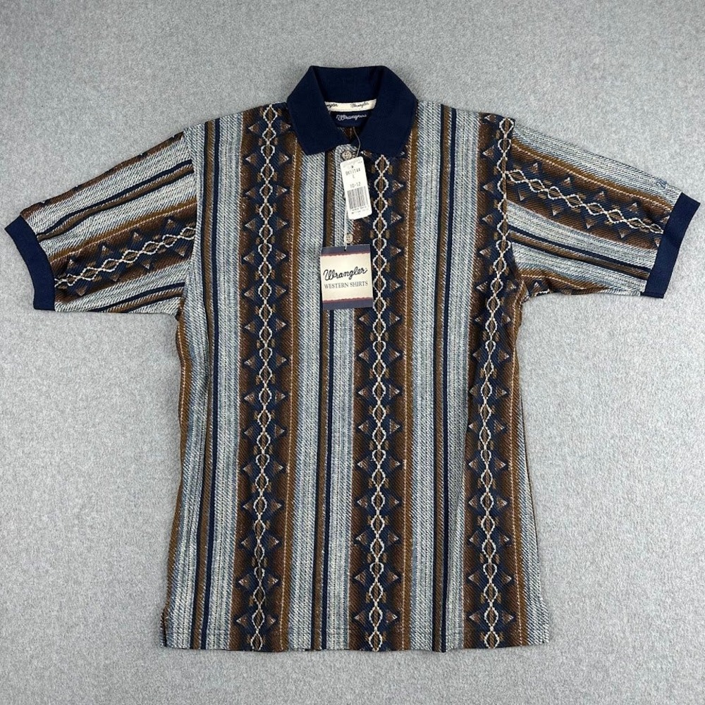 NEW Wrangler Western Shirts Kids Polo Shirt L 10-12 Blue‎ Brown Print Cotton